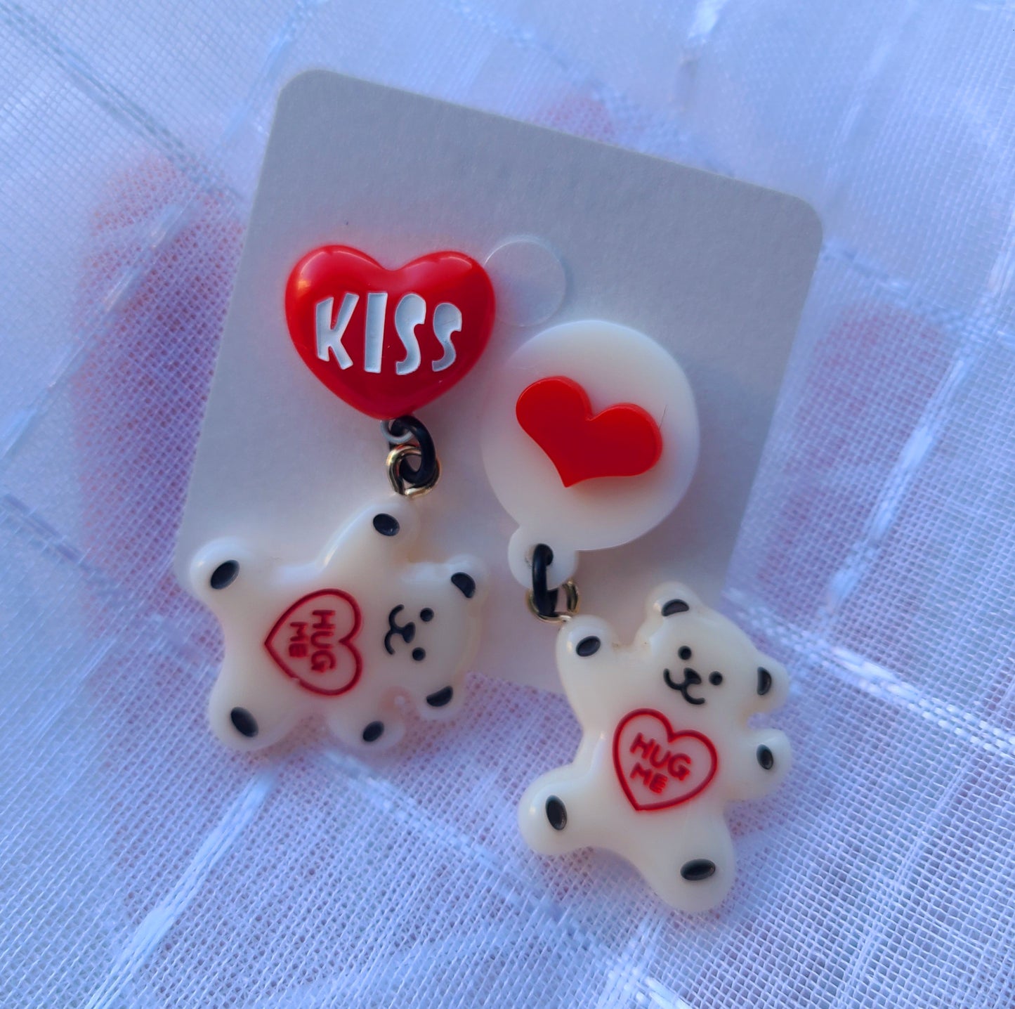 White Teddy Bear with Heart Earrings