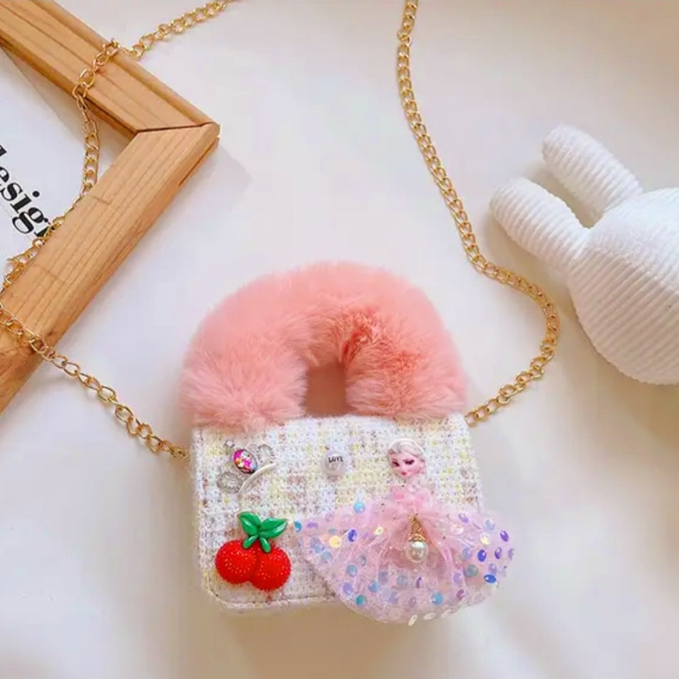 Fluffy Fur Handle Tweed Mini Handbag