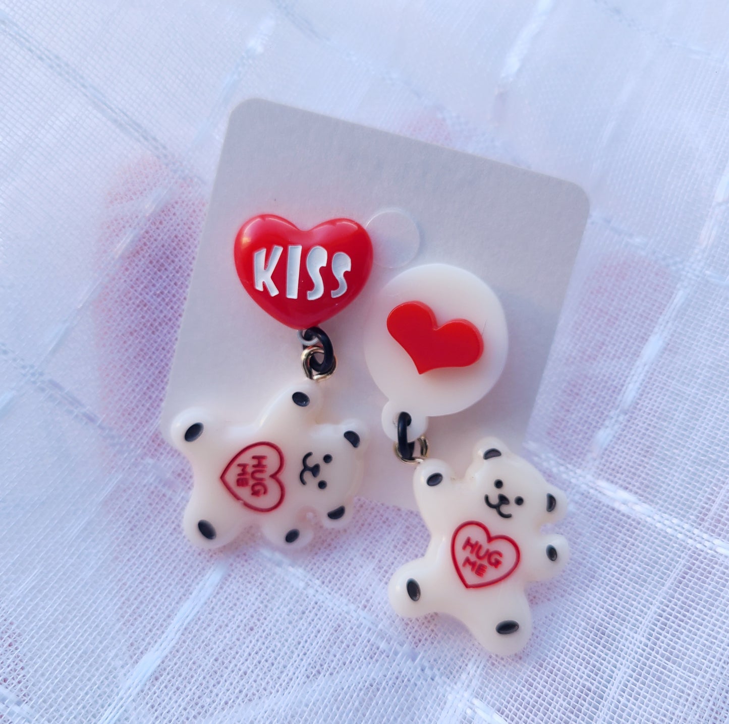 White Teddy Bear with Heart Earrings