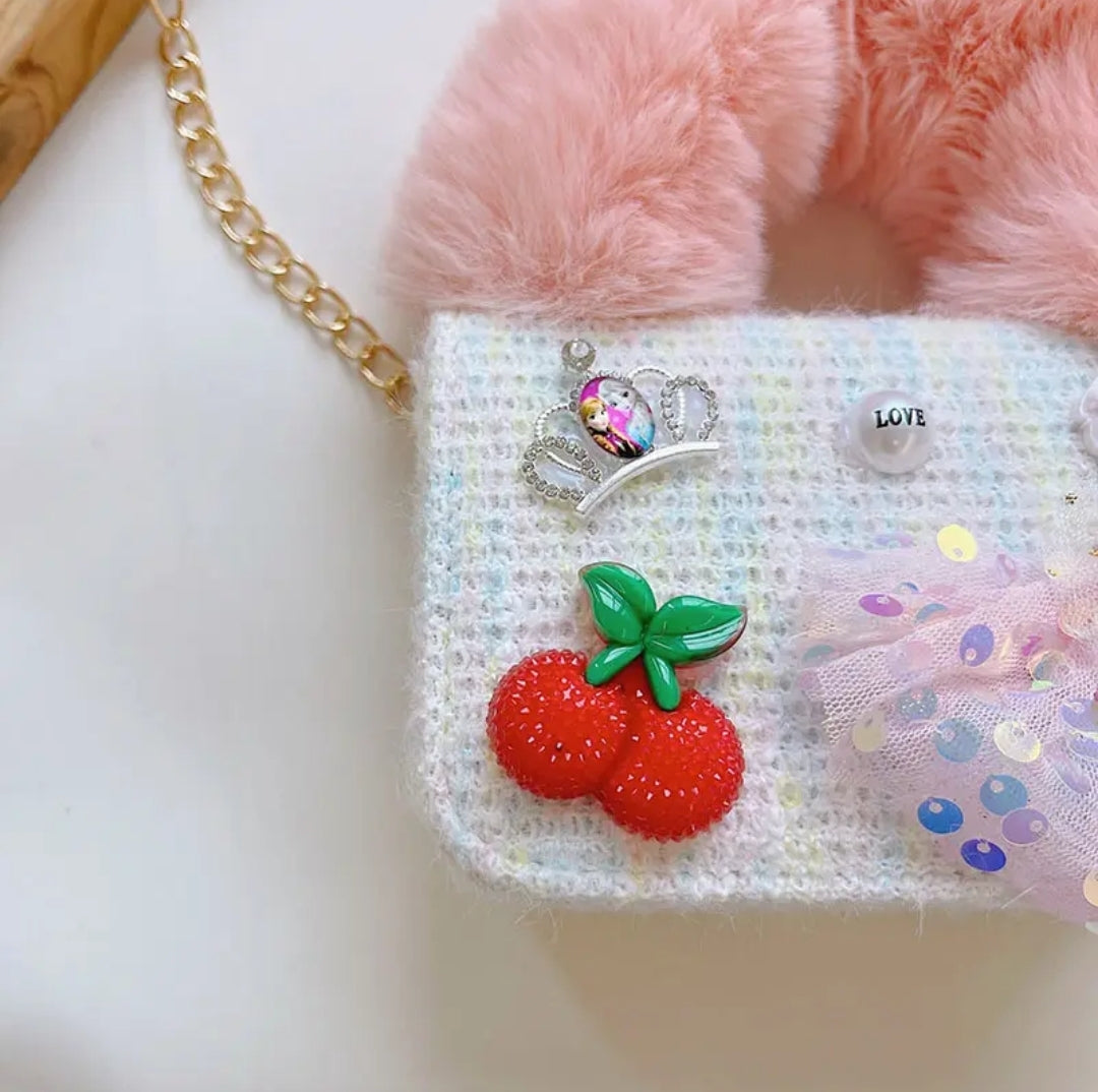 Fluffy Fur Handle Tweed Mini Handbag