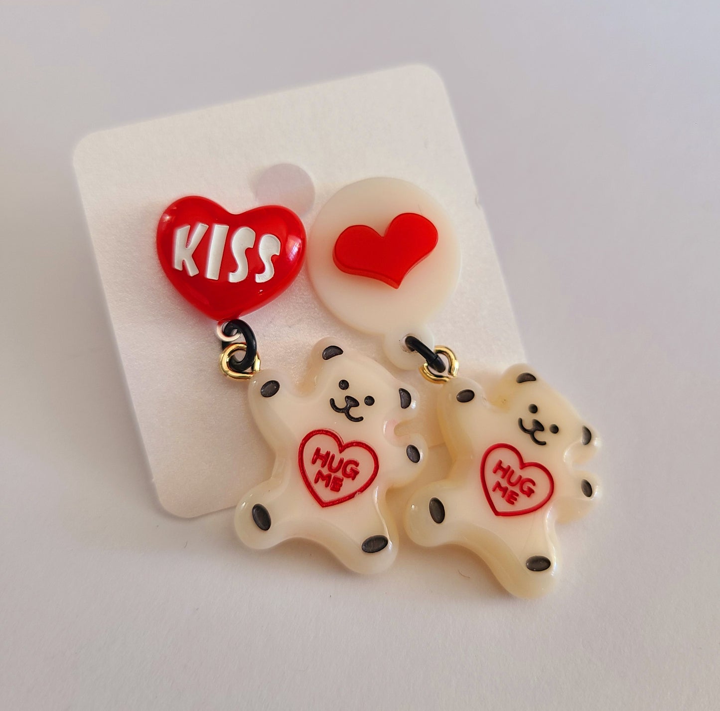 White Teddy Bear with Heart Earrings