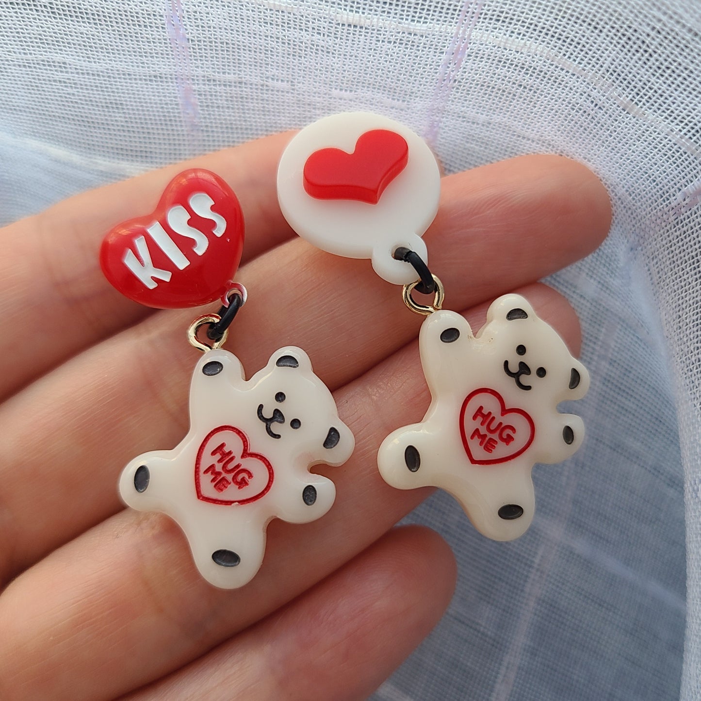 White Teddy Bear with Heart Earrings