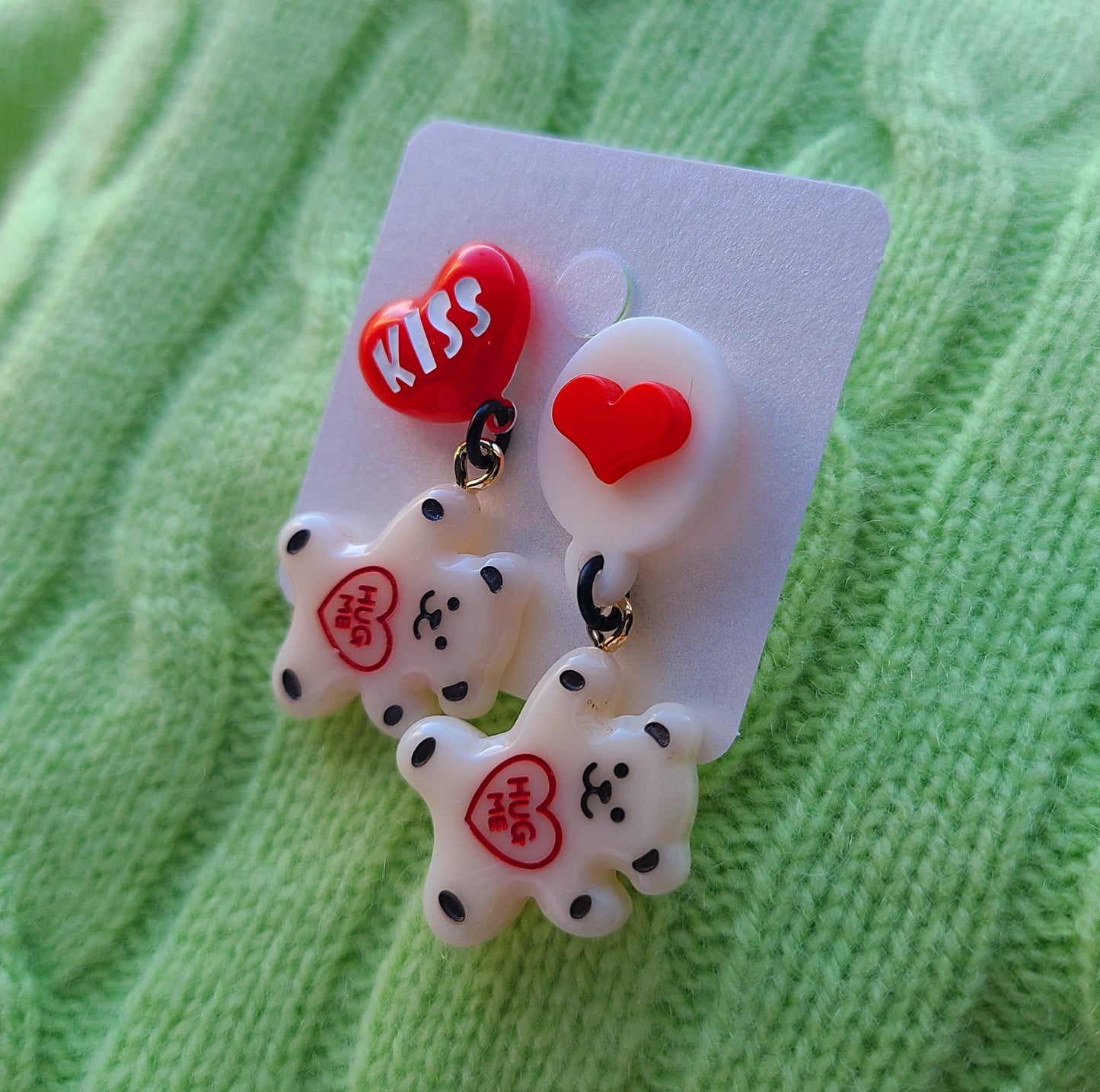 White Teddy Bear with Heart Earrings