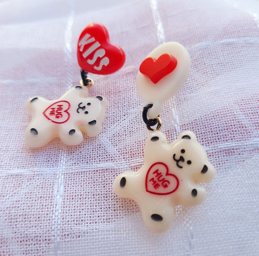 White Teddy Bear with Heart Earrings