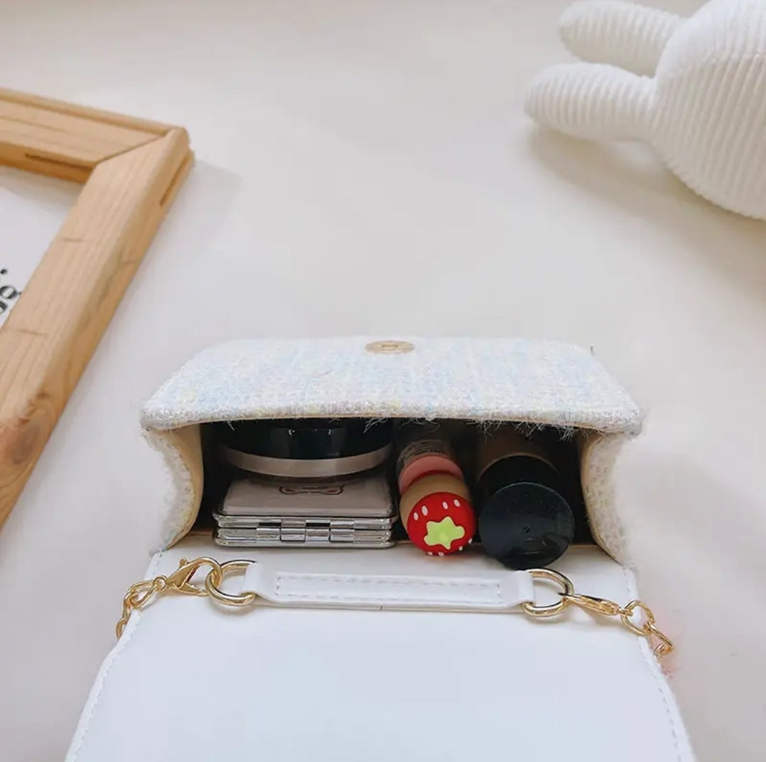 Fluffy Fur Handle Tweed Mini Handbag